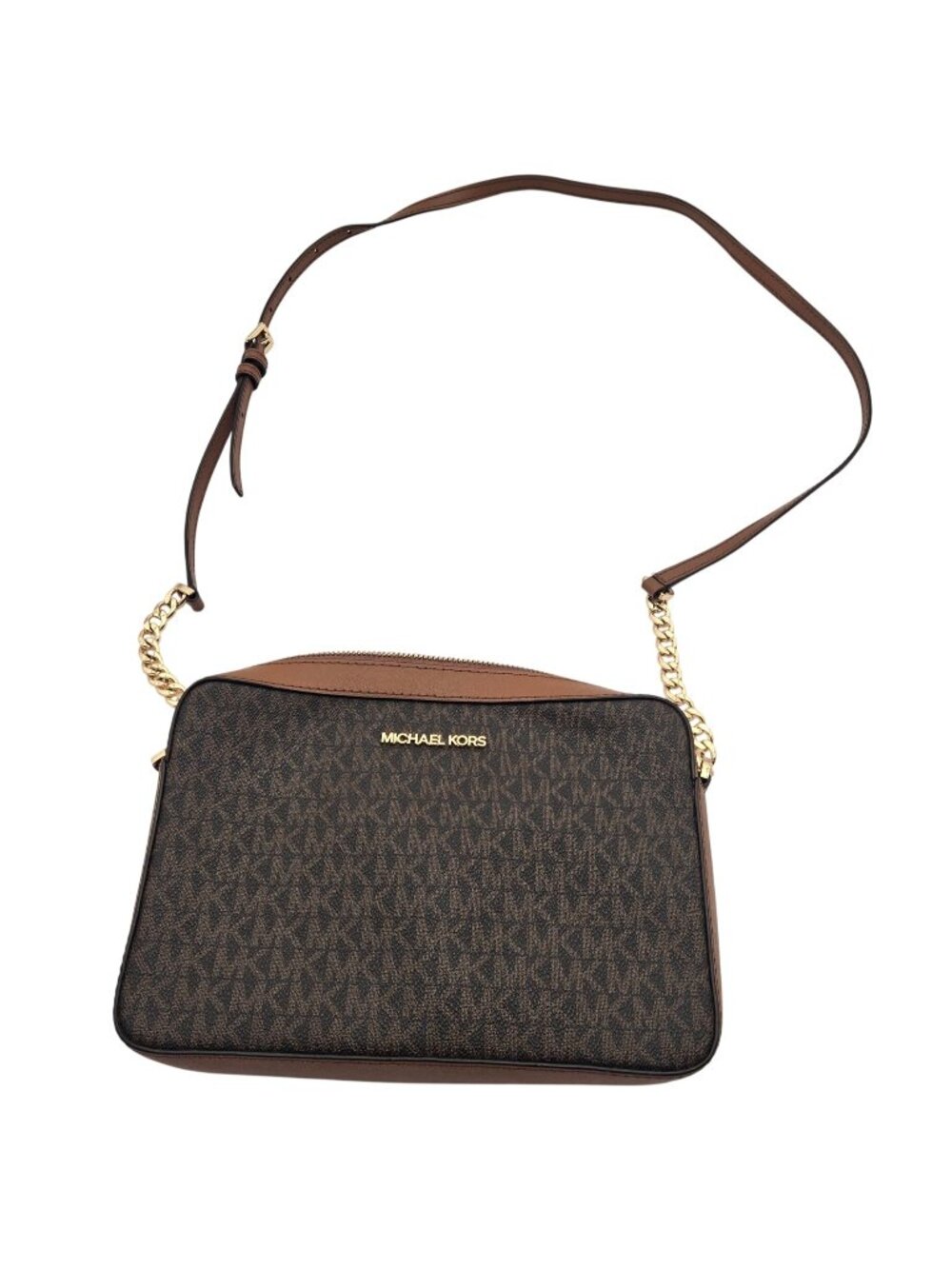 Michael Kors Jet Set Large Printed Logo Crossbody Bag Brown Adjustable Strap